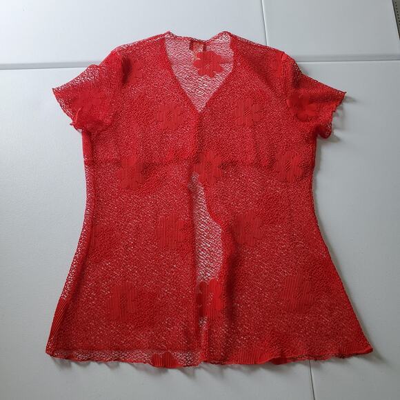 Y2K 90s Whimsigoth Vampire Womens Medium Red Sheer Mesh Short Sleeve - Picture 2 of 8